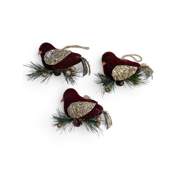 Winter Wonder Lane Other - Winter Wonder Lane Burgundy Bird 3 Piece Ornament Set Gold Glitter Christmas